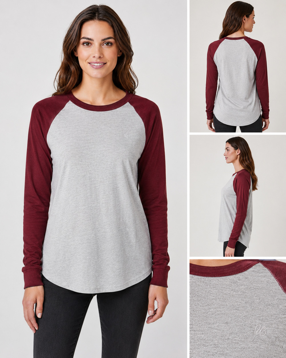 American Eagle Women's Raglan Baseball T Shirt Gray Burgundy Medium Soft
